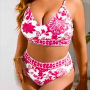 Plus size Pink and white china bathing suit